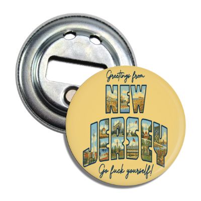 A round bottle opener with a yellow background featuring text 'Greetings from NEW JERSEY' and a depiction of the state. The back of the opener shows it is metallic and has a magnetic surface.