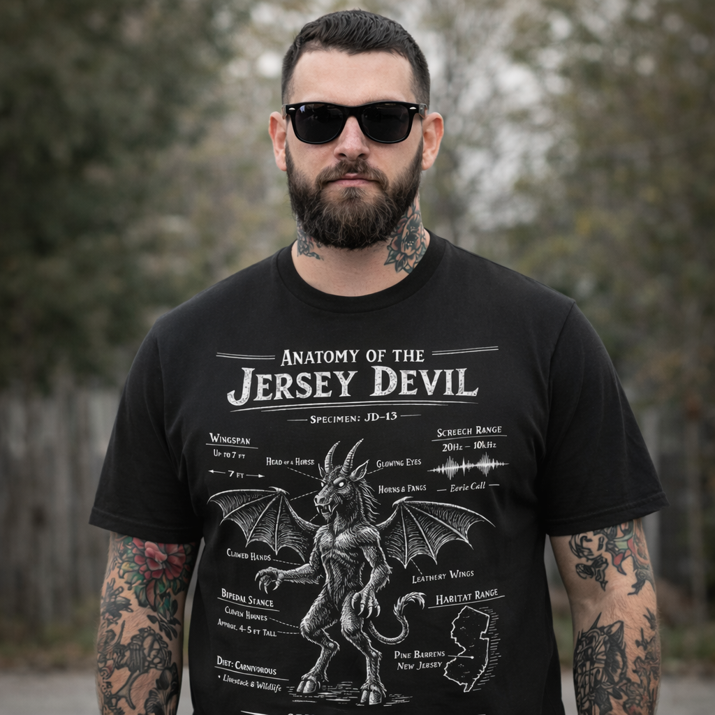 Man wearing a black t-shirt with 'Anatomy of the Jersey Devil' design outdoors.