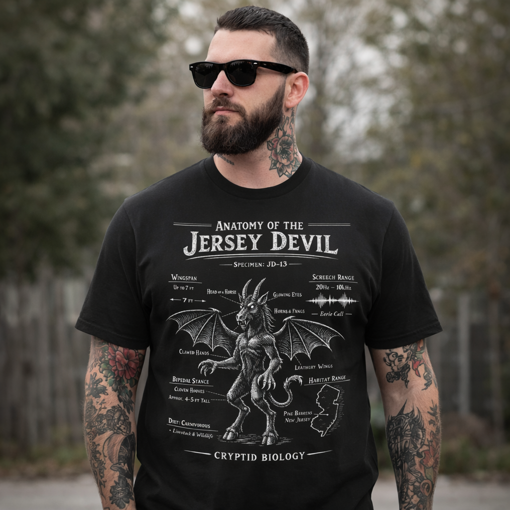 Man wearing a black t-shirt with 'Anatomy of the Jersey Devil' design outdoors.