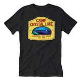 Black t-shirt with 'Camp Crystal Lake' graphic print in the center featuring a blue lake and yellow text on a white background.