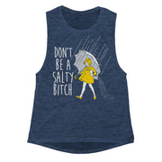 A navy blue girls' tank top with the phrase 'DON'T BE A SALTY BITCH' printed on the front, featuring a graphic of a woman holding an umbrella.