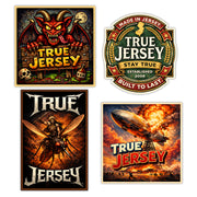 Four 'True Jersey' themed stickers featuring different designs on a white background.
