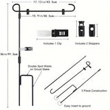 Detailed diagram of a metal garden flag post with measurements and features on a white background