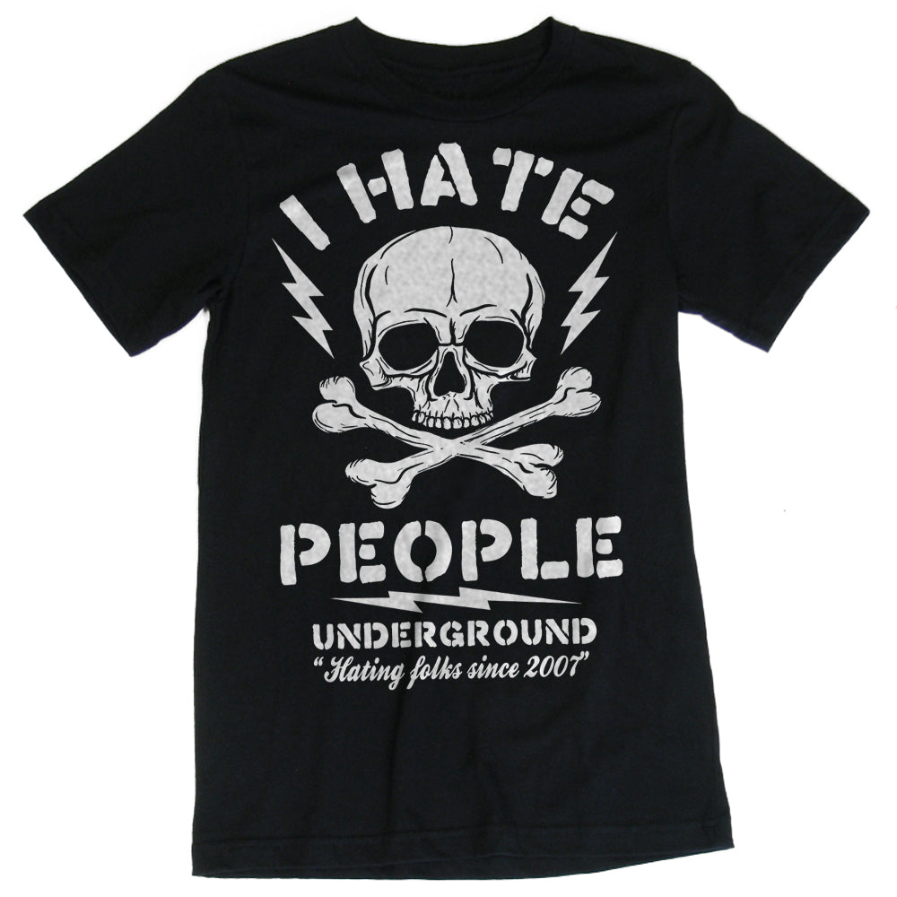 Black t-shirt with white text 'I HATE PEOPLE' and a skull and crossbones graphic