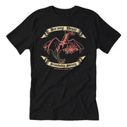 Black T-shirt featuring a graphic of the Jersey Devil with the text 'Jersey Devil Friendship Society' on it.