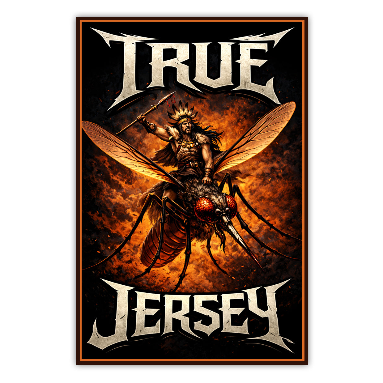 Poster with a winged creature and 'True Jersey' text on an orange and black background