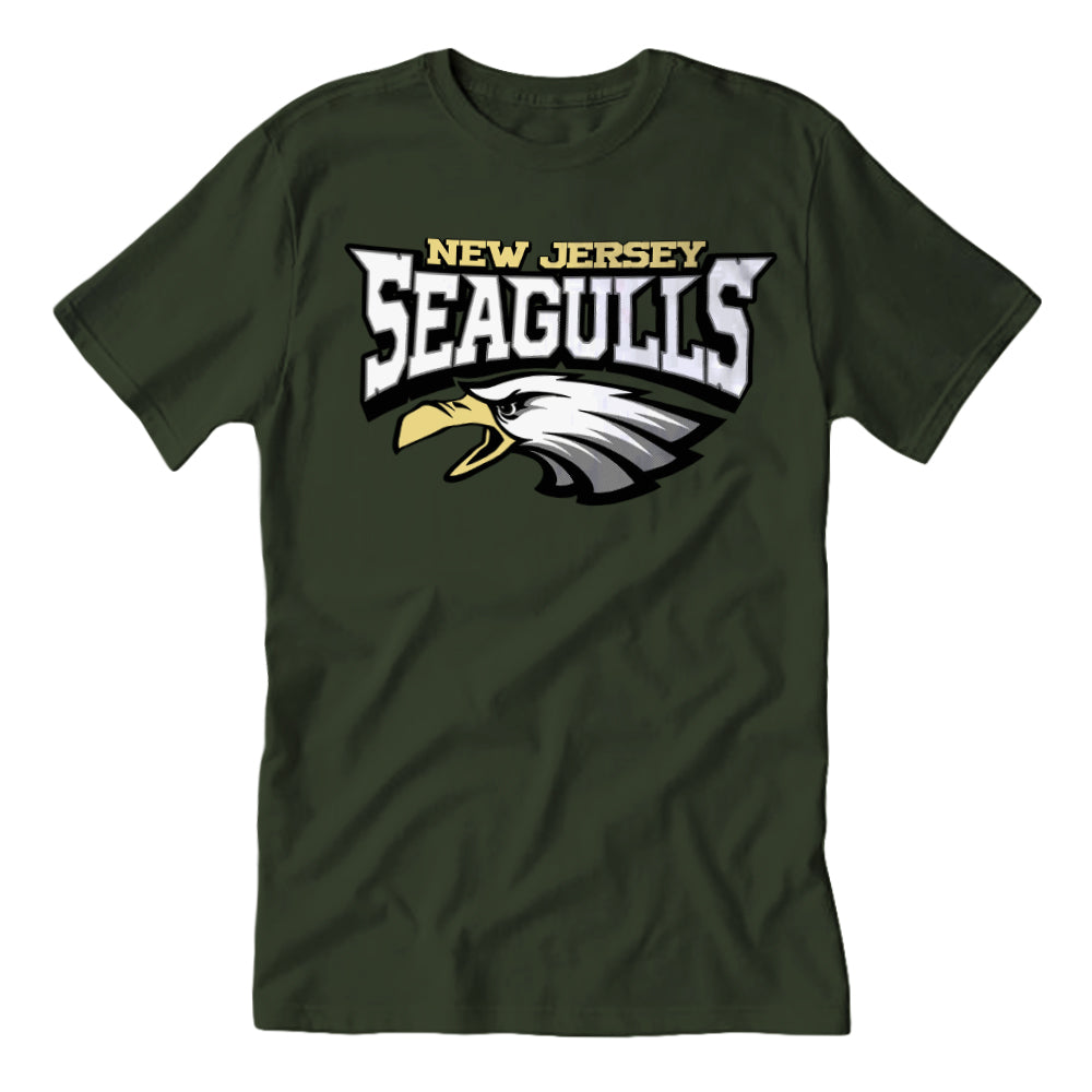 A green t-shirt with 'NEW JERSEY SEAGULLS' printed in white and gold letters on the front.