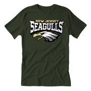 A green t-shirt with 'NEW JERSEY SEAGULLS' printed in white and gold letters on the front.