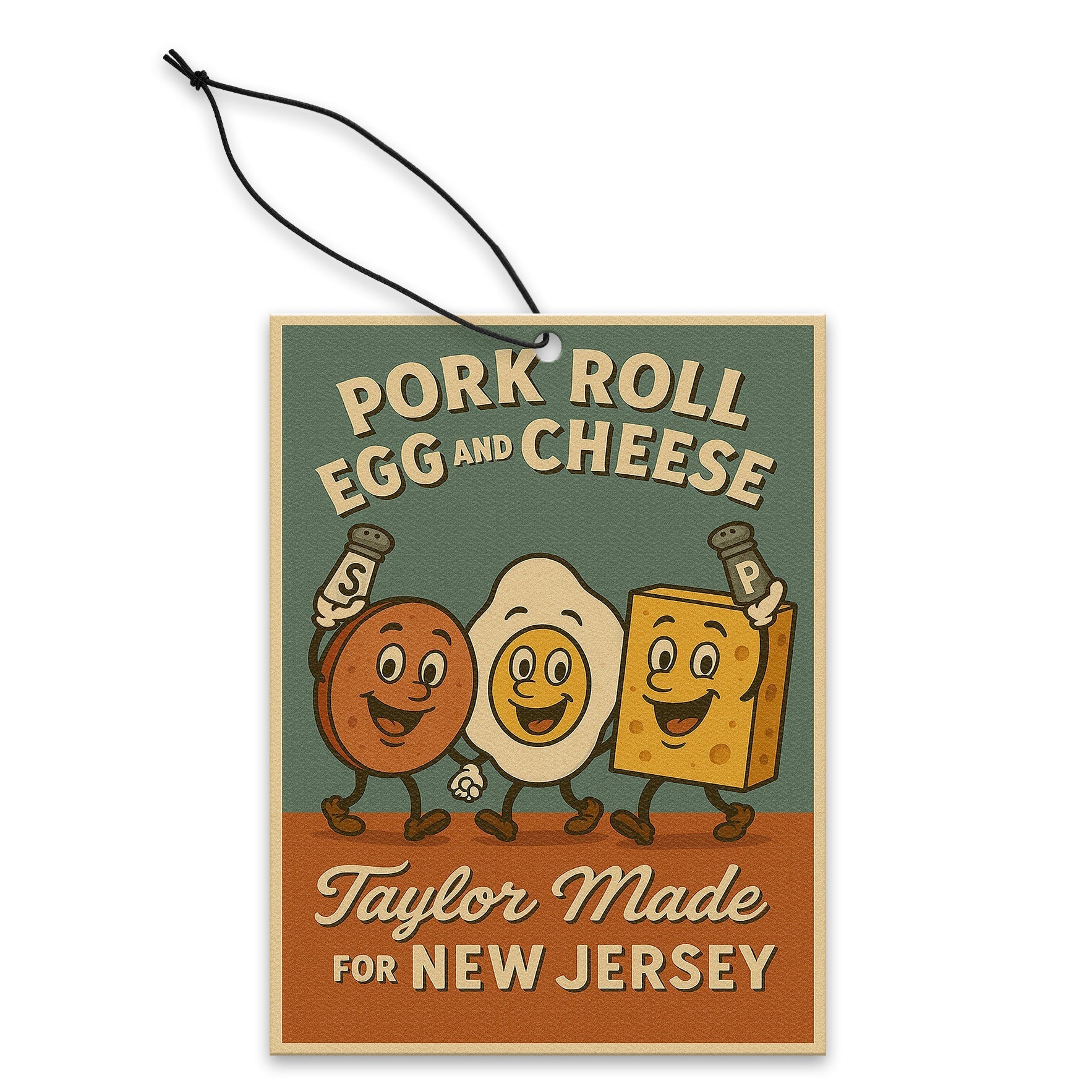 Decorative sign with cartoon characters of a sausage, egg, and cheese with text 'Pork Roll Egg and Cheese Taylor Made for New Jersey'.