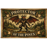 Vintage-style banner with a jersey devil creature labeled 'Protector of the Pines' in a forest setting.