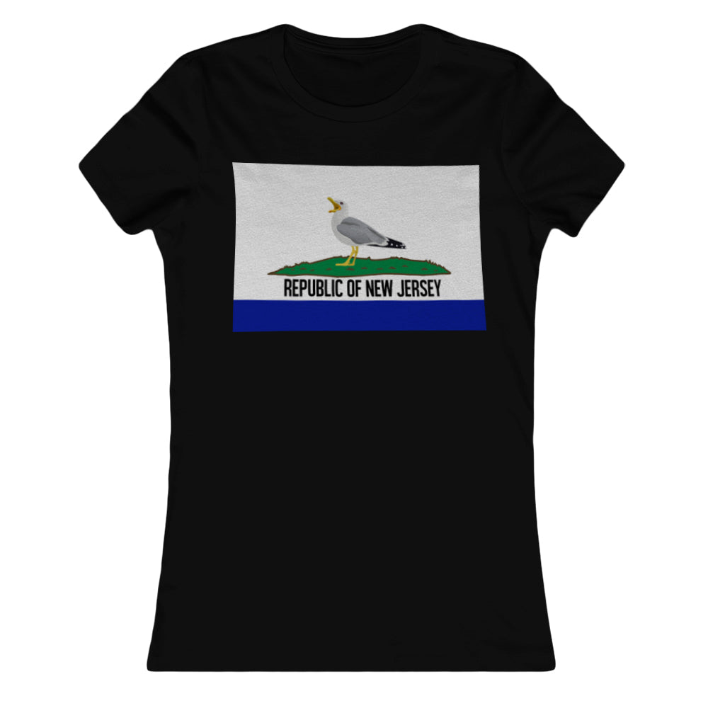 A black t-shirt featuring a graphic of a seagull with the text 'REPUBLIC OF NEW JERSEY' and the state flag.