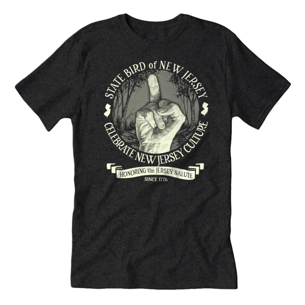 Black t-shirt with a graphic of the state bird of New Jersey and text that reads 'State Bird of New Jersey. Celebrate New Jersey Culture.