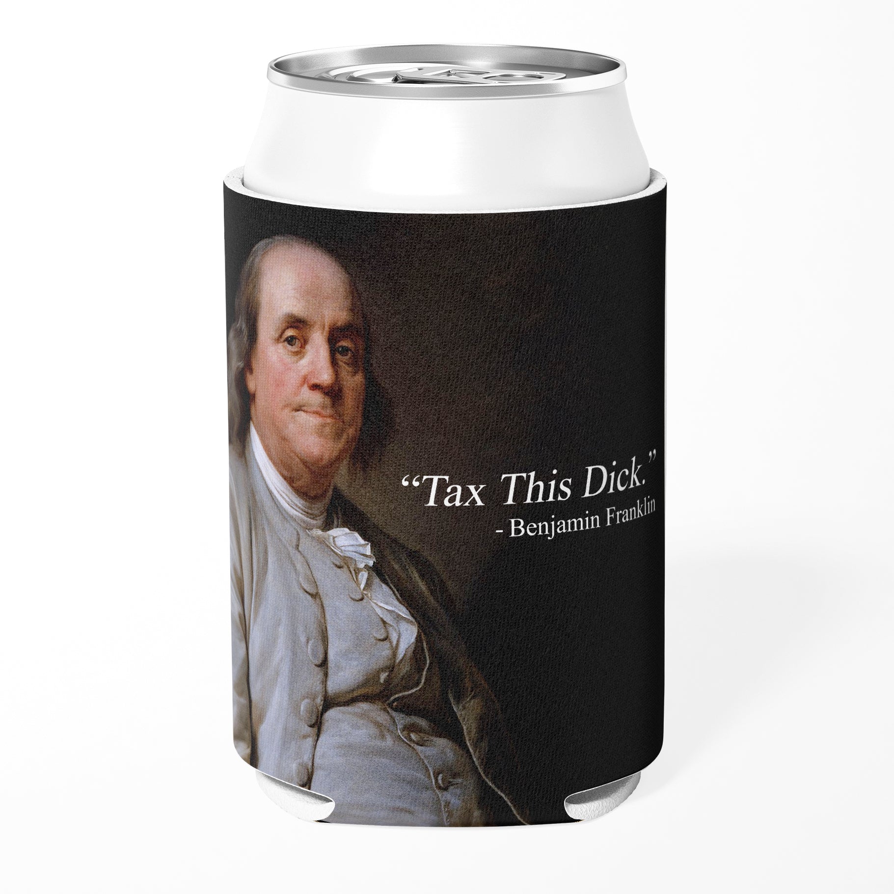 Can cooler with Benjamin Franklin's image and text on a white background