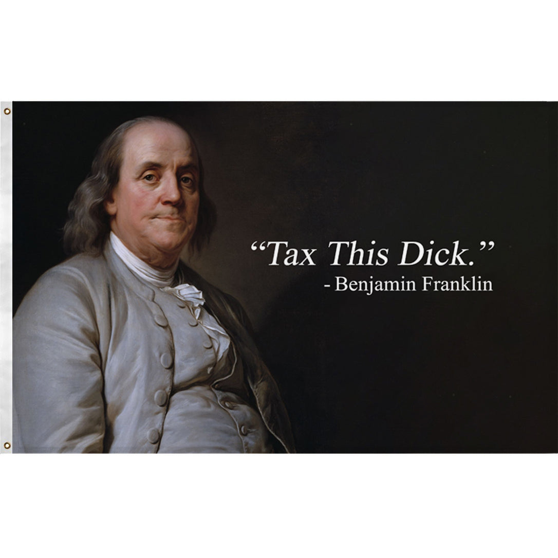 Portrait of Benjamin Franklin with humorous text overlay on a black background