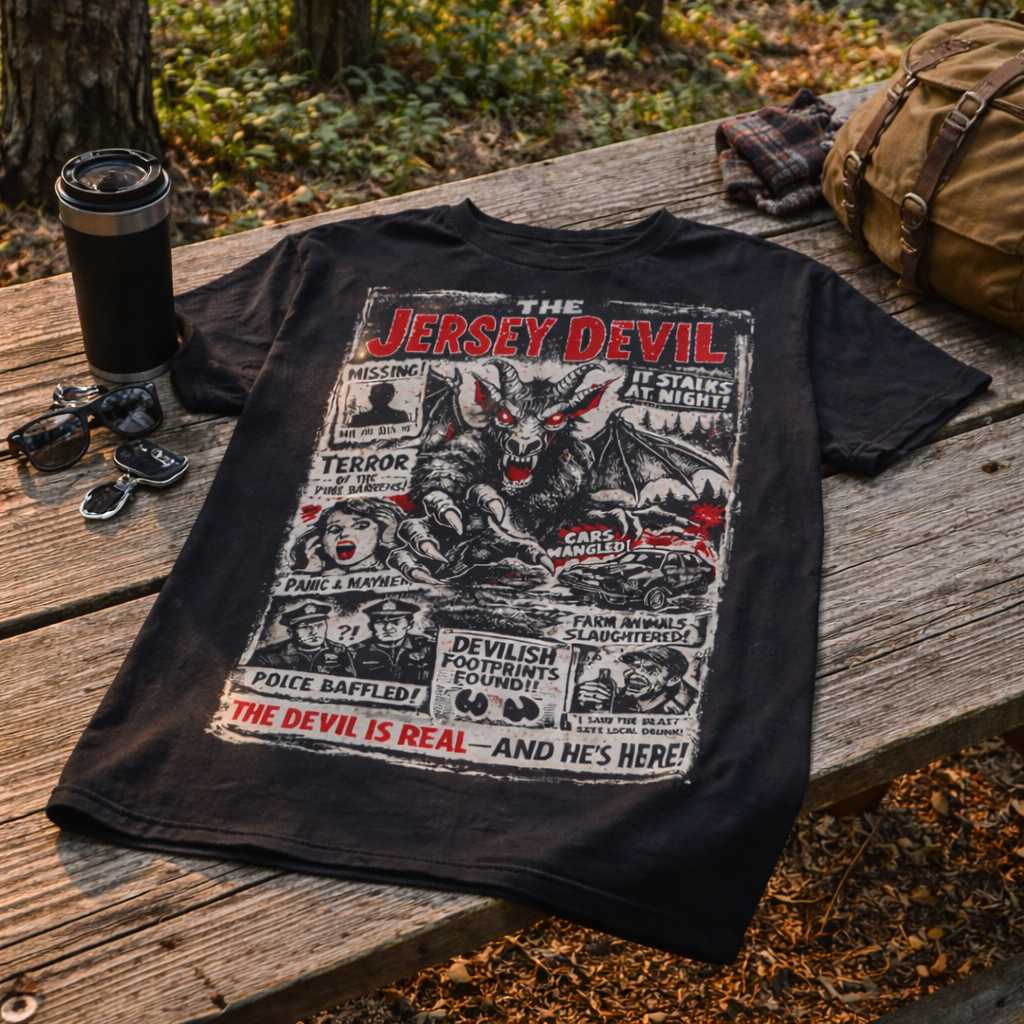 Black t-shirt with 'The Jersey Devil' graphic design on a wooden surface outdoors.