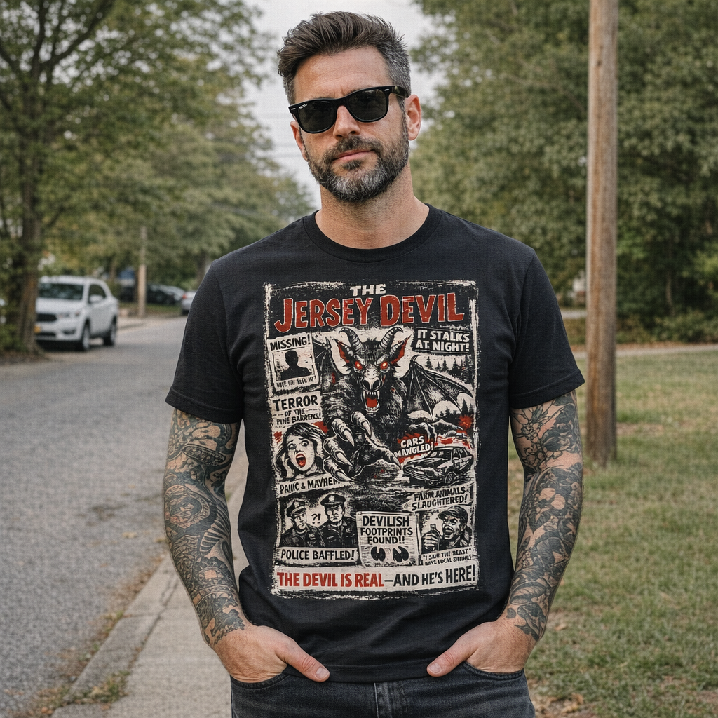 Man wearing a black t-shirt with 'The Jersey Devil' graphic design outdoors.