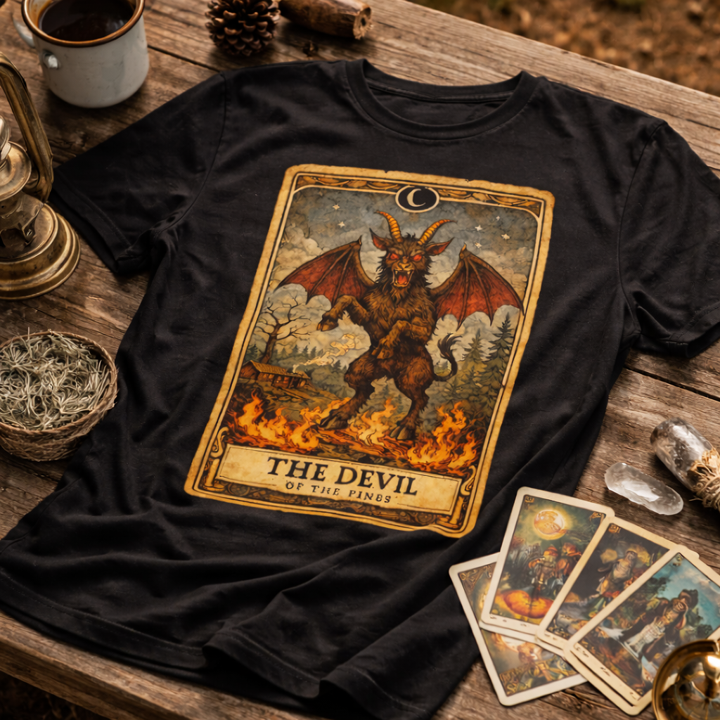 Black t-shirt with 'The Devil' tarot card design on a wooden surface with tarot cards and a cup of coffee.
